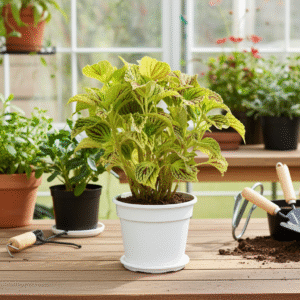 Coleus  green plant in 6 inch white pot