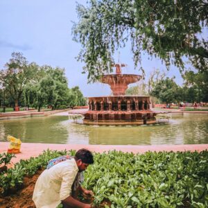 A gardener tending plants by a fountain in New Delhi's lush park.